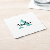 Gepersonaliseerde naam Turquoise Script Monogram Kartonnen Onderzetters (Schuin)