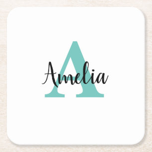 Gepersonaliseerde naam Turquoise Script Monogram Kartonnen Onderzetters