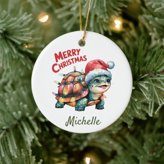 Gepersonaliseerde naam Vrolijke Kerstschildpad in  Keramisch Ornament (Boom)