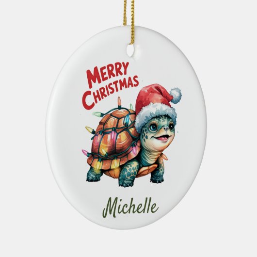 Gepersonaliseerde naam Vrolijke Kerstschildpad in  Keramisch Ornament (Rechts)