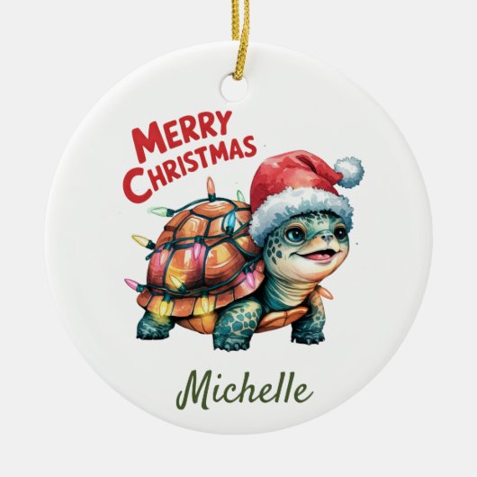 Gepersonaliseerde naam Vrolijke Kerstschildpad in  Keramisch Ornament (Voorkant)