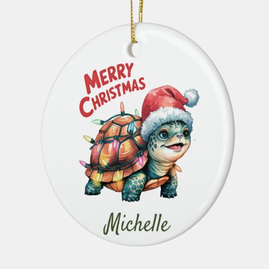 Gepersonaliseerde naam Vrolijke Kerstschildpad in  Keramisch Ornament (Links)