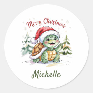 Gepersonaliseerde naam Vrolijke Kerstschildpad in Ronde Sticker