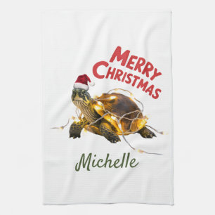 Gepersonaliseerde naam Vrolijke Kerstschildpad in  Theedoek