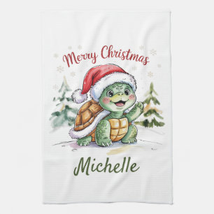 Gepersonaliseerde naam Vrolijke Kerstschildpad in  Theedoek