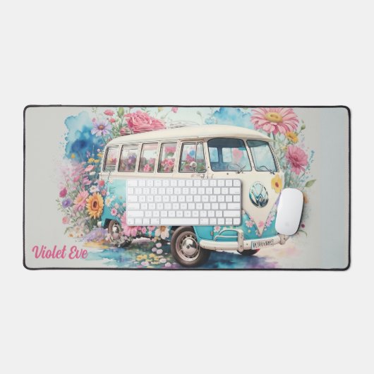 Gepersonaliseerde naam Waterverf Retro Bus Bloemen Bureaumat (Keyboard & Muis)