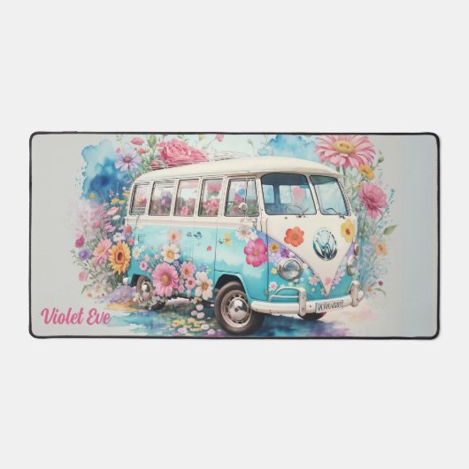 Gepersonaliseerde naam Waterverf Retro Bus Bloemen Bureaumat (Voorkant)