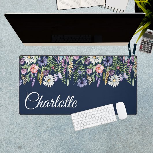 Gepersonaliseerde naam Wildflower Navy Blue Bureaumat