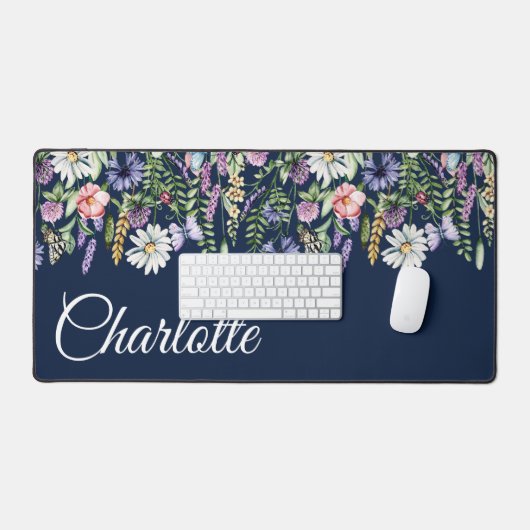Gepersonaliseerde naam Wildflower Navy Blue Bureaumat (Keyboard & Muis)