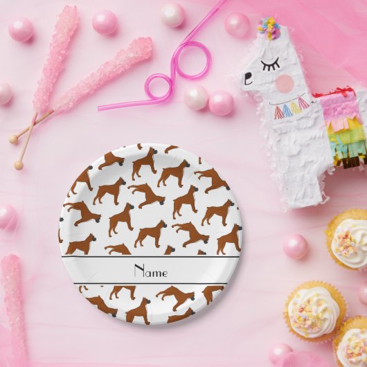 Gepersonaliseerde naam wit boxer hondenpatroon papieren bordje (Feest)