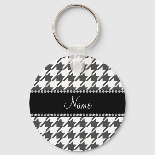Gepersonaliseerde naam wit houndstooth patroon sleutelhanger (Voorkant)