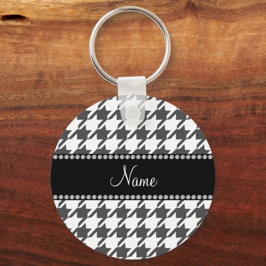 Gepersonaliseerde naam wit houndstooth patroon sleutelhanger (Voorkant)