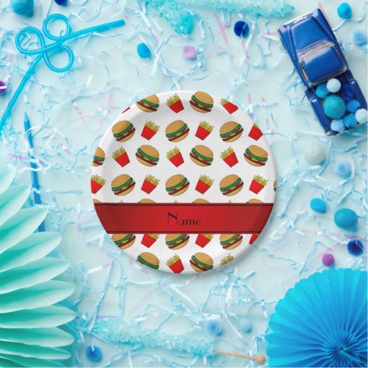 Gepersonaliseerde naam witte hamburgers friet papieren bordje (Feest)