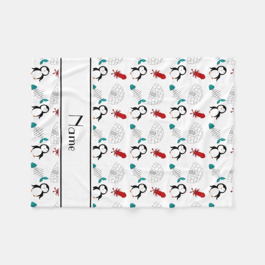 Gepersonaliseerde naam witte pinguïns igloo vis pi fleece deken (Voorkant (Horizontaal))