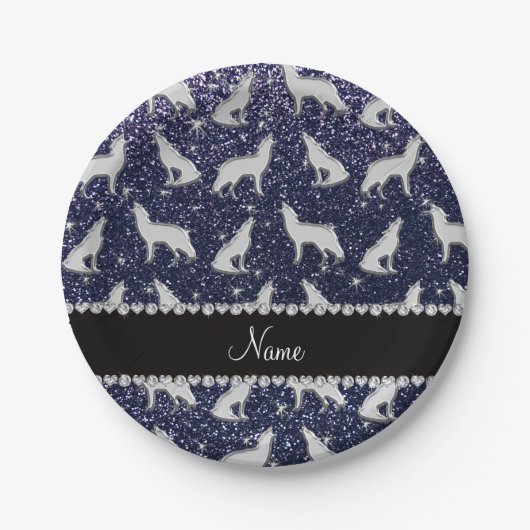Gepersonaliseerde naam zilverwolf navy blue glitte papieren bordje (Voorkant)