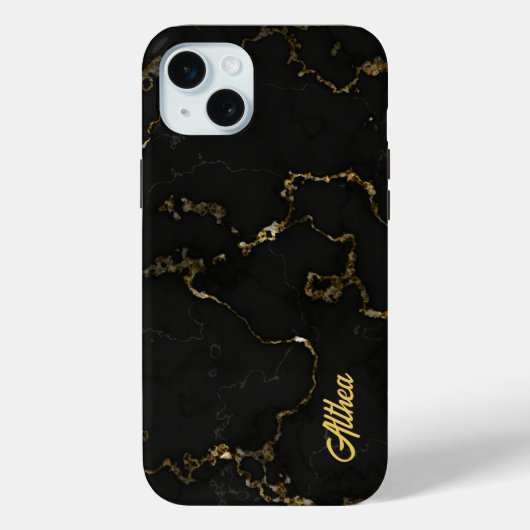 Gepersonaliseerde Naam Zwart en Goud Marbled Case-Mate iPhone Case (Achterkant)