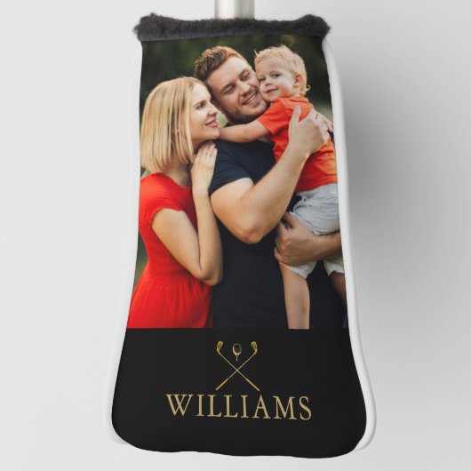 Gepersonaliseerde naam zwart en gouden foto golfheadcover (Draai 90)