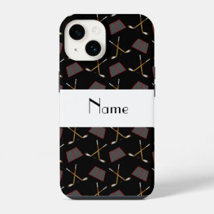 Gepersonaliseerde naam zwart-hockeypatroon iPhone 14 hoesje