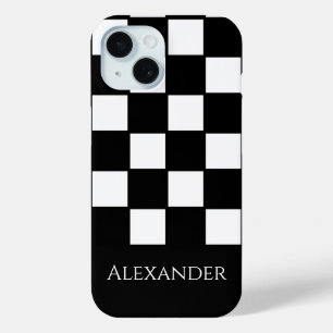 Gepersonaliseerde naam Zwart-wit Check iPhone 15 Case