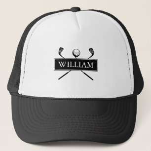 Gepersonaliseerde naam zwart wit golfbal en clubs trucker pet