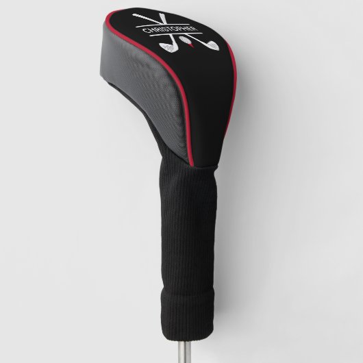 Gepersonaliseerde naam zwart-wit rood golfheadcover (Schuin)