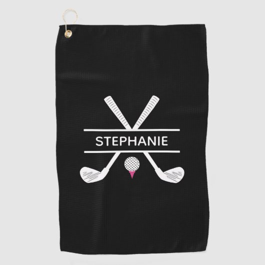 Gepersonaliseerde naam Zwart wit roze Golfhanddoek (Voorkant)