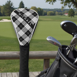 Gepersonaliseerde naam zwart & wit tartanpatroon golfheadcover