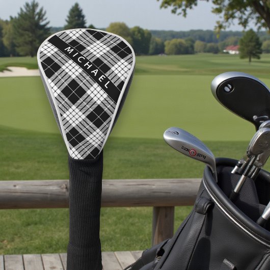 Gepersonaliseerde naam zwart & wit tartanpatroon golfheadcover