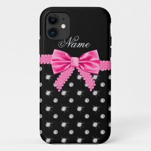 Gepersonaliseerde naam zwarte diamanten roze boog Case-Mate iPhone case