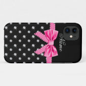 Gepersonaliseerde naam zwarte diamanten roze boog Case-Mate iPhone case (Achterkant (horizontaal))