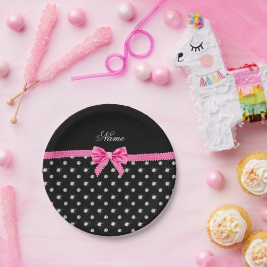 Gepersonaliseerde naam zwarte diamanten roze boog papieren bordje (Feest)