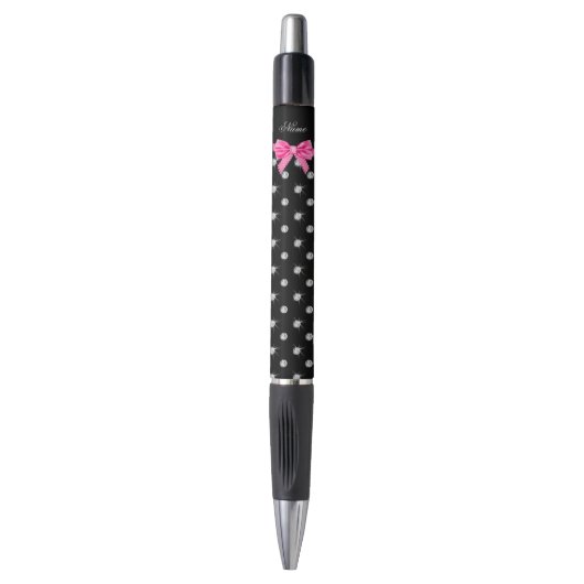 Gepersonaliseerde naam zwarte diamanten roze boog pen (Voorkant Verticaal)