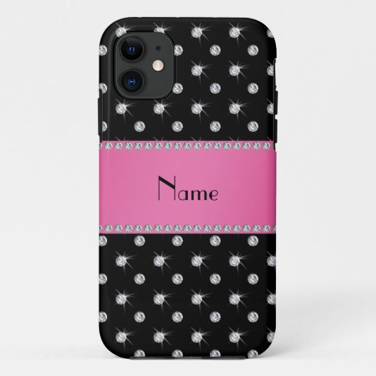 Gepersonaliseerde naam zwarte diamanten roze stree Case-Mate iPhone case (Achterkant)