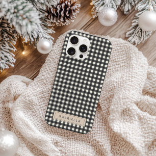 Gepersonaliseerde naam Zwarte Vintage Gingham Plai iPhone 16 Hoesje