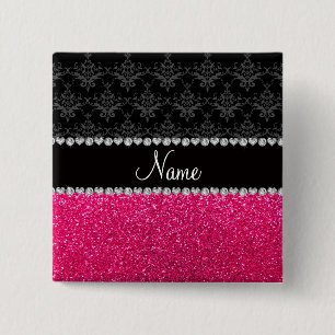 Gepersonaliseerde naam zwarte vouw roze glitter vierkante button 5,1 cm