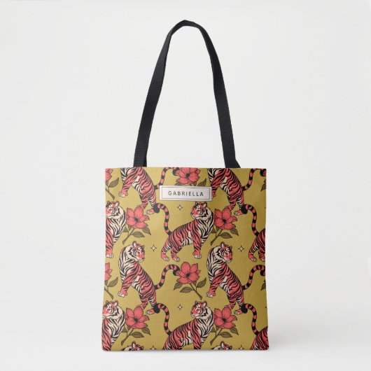 Gepersonaliseerde Namen Tiger Big Cat Vibrant Flor Tote Bag (Voorkant)