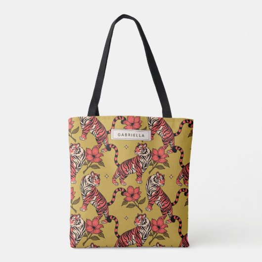 Gepersonaliseerde Namen Tiger Big Cat Vibrant Flor Tote Bag (Achterkant)