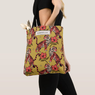 Gepersonaliseerde Namen Tiger Big Cat Vibrant Flor Tote Bag