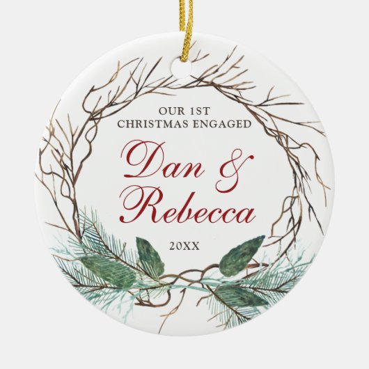 Gepersonaliseerde Names Verloving Waterverf Wreate Keramisch Ornament (Voorkant)