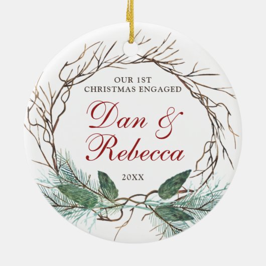 Gepersonaliseerde Names Verloving Waterverf Wreate Keramisch Ornament (Achterkant)