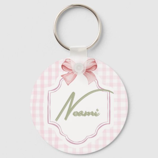 Gepersonaliseerde Naomi Baby Girl Nursery Bow & Gi Sleutelhanger (Voorkant)
