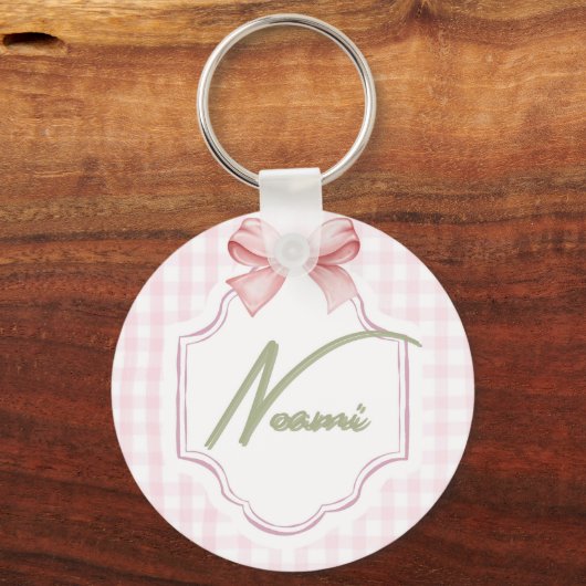 Gepersonaliseerde Naomi Baby Girl Nursery Bow & Gi Sleutelhanger (Voorkant)
