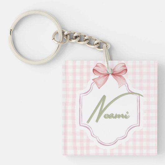 Gepersonaliseerde Naomi Baby Girl Nursery Bow & Gi Sleutelhanger (voorkant)