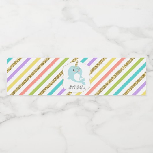 Gepersonaliseerde Narwhal Meisje Verjaardag Party  Waterfles Etiket (Enkel label)