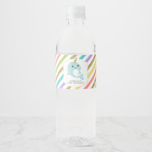 Gepersonaliseerde Narwhal Meisje Verjaardag Party  Waterfles Etiket (Voorkant)