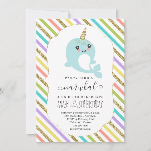 Gepersonaliseerde Narwhal Thmed Girls Birthday Par Kaart (Voorkant)