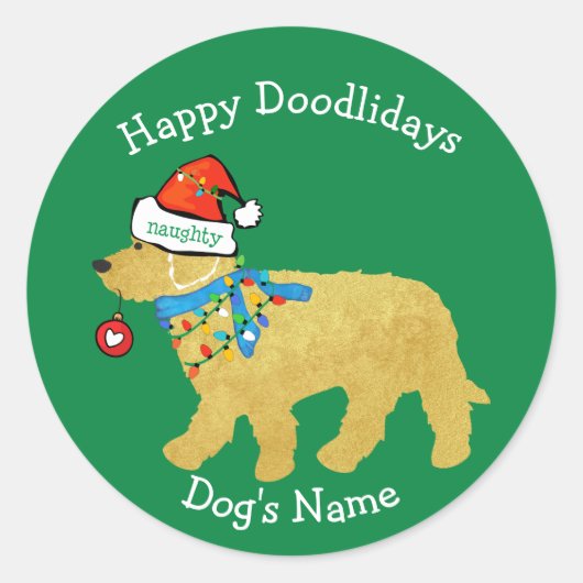 Gepersonaliseerde Naughty Kerstmis Goldendoodle Ronde Sticker (Voorkant)