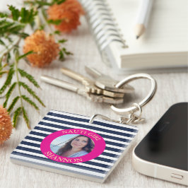 Gepersonaliseerde Nauti-Girl Navy Blue Stripes Fot Sleutelhanger