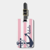 Gepersonaliseerde Nautical Anker Pink Stripes Bag  Bagagelabel (Voorkant verticaal)