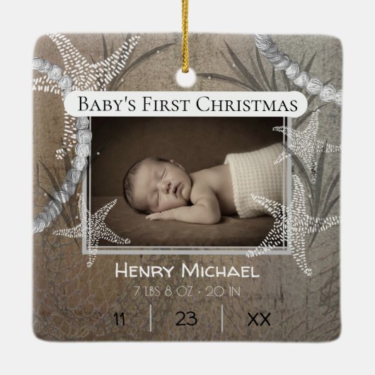 Gepersonaliseerde Nautical Baby's Eerste Kerstmis Keramisch Ornament (Achterkant)